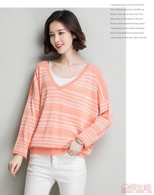 2017春裝新款 韓版條紋V領(lǐng)寬松針織衫，時尚百搭之選